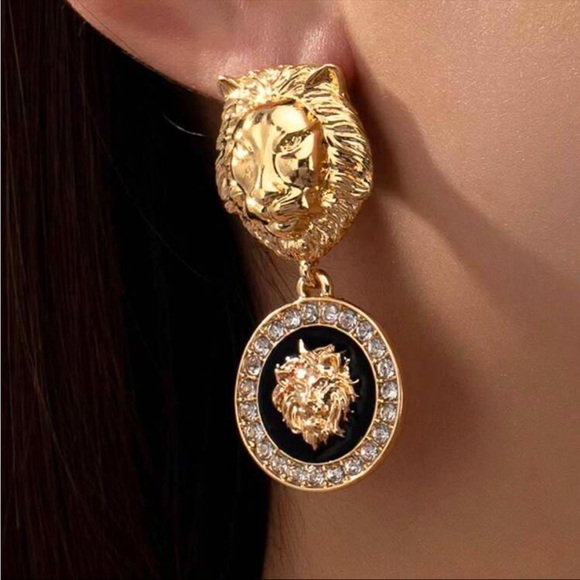 Gold and Black Lion Head Earrings - Picture 2 of 3